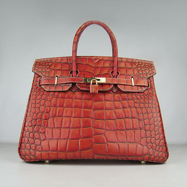 High Quality Fake Hermes Birkin 35CM Crocodile Veins Leather Bag Dark Orange 6089